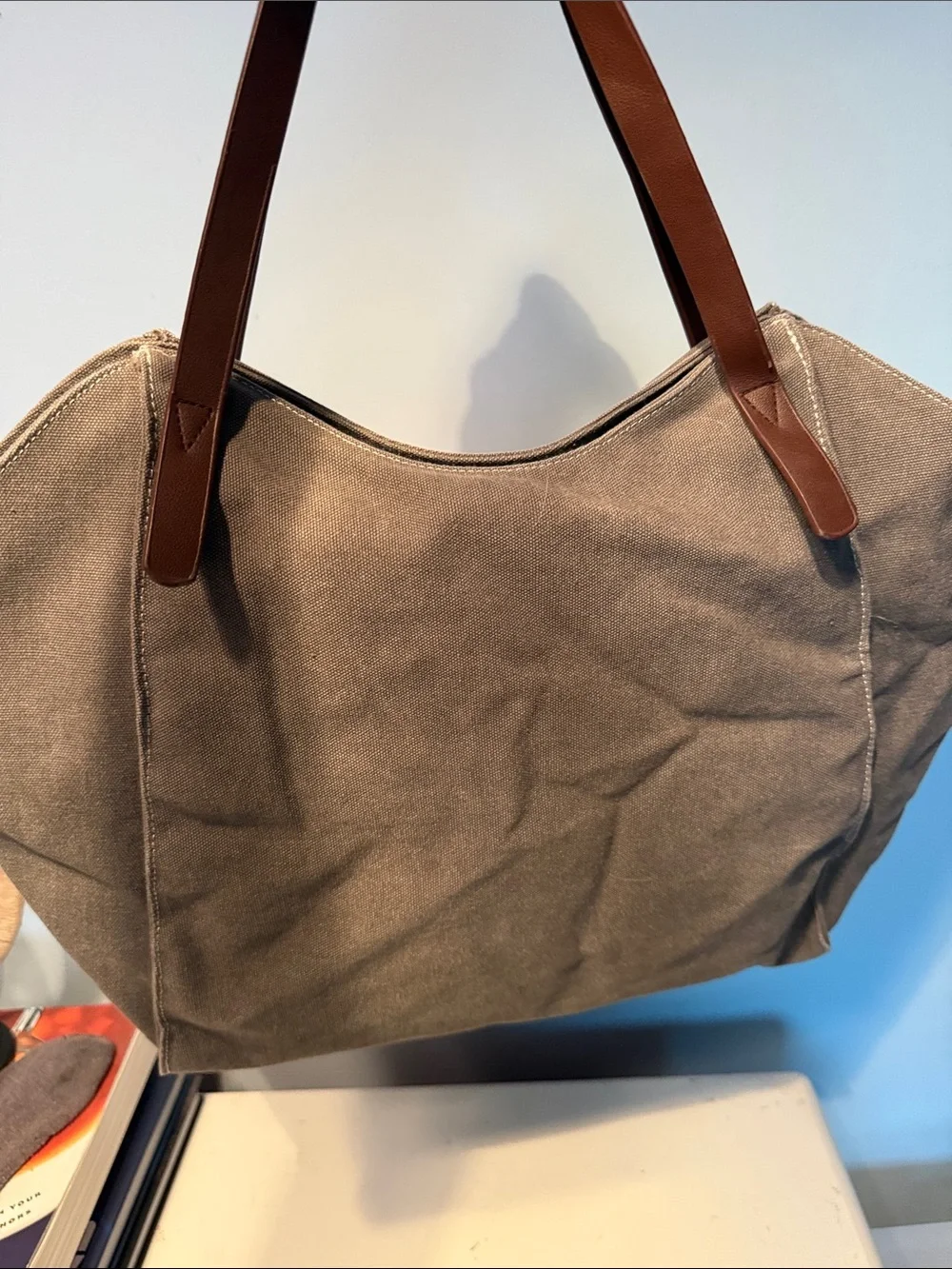 Canvas Tote Bag with Brown Handles - Women’s Carryall